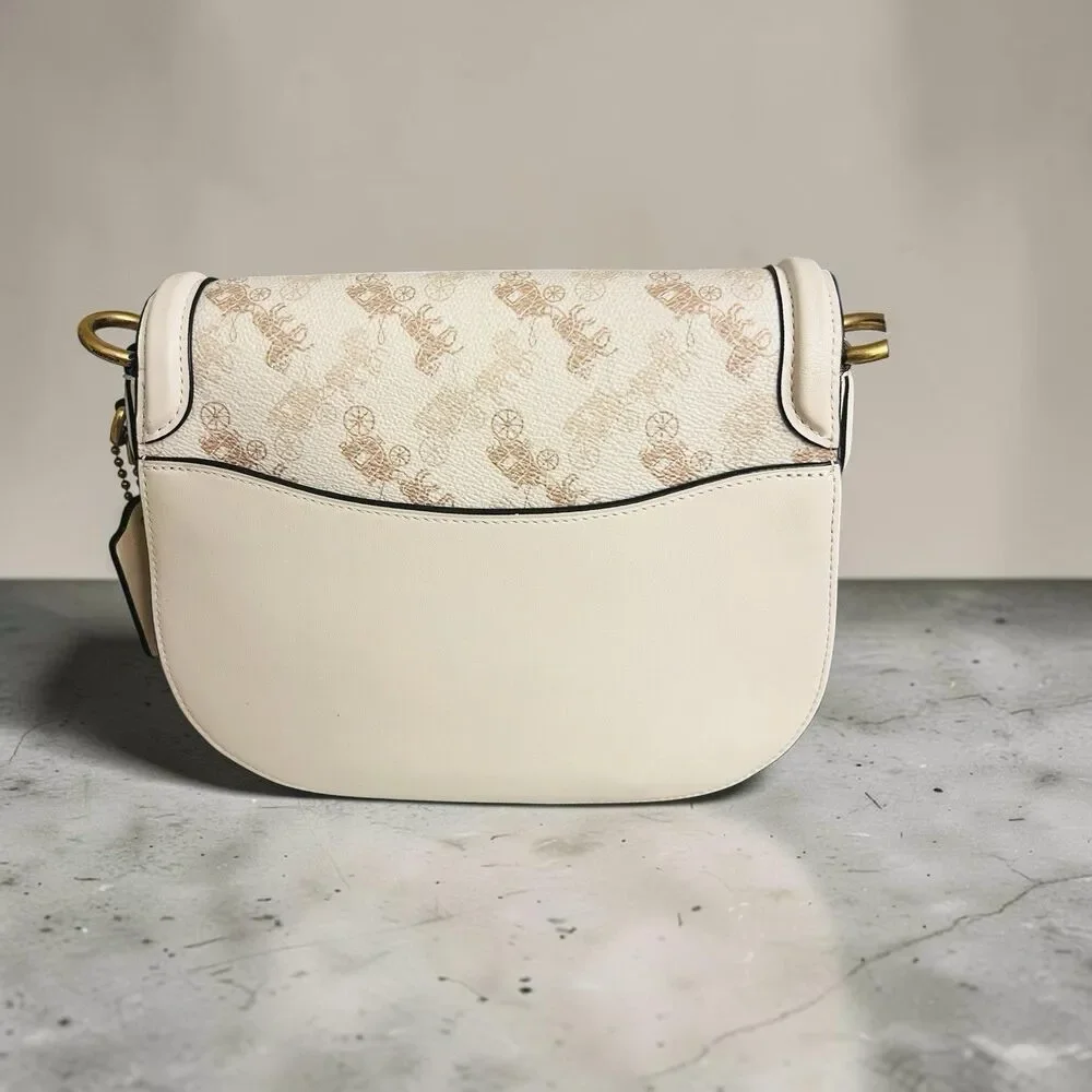 Coach Beat Saddle Bag Chalk Tan Carriage Print Canvas Leather Crossbody